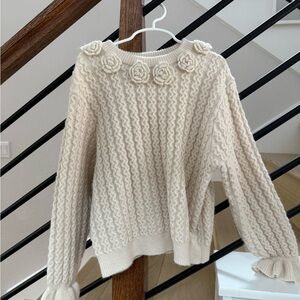 Girls Cream Floral Cable Knit Sweater